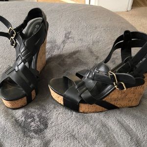 Black Wedges with Bamboo Base
